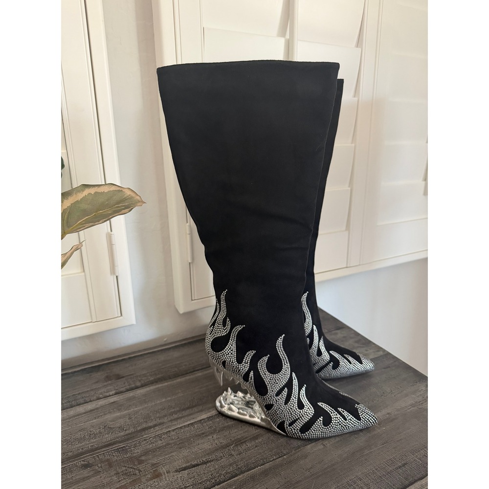 Women Size 8 Wedge Heel Flame Rhinestone Point Toe Knee High Boot Fashion Trendy